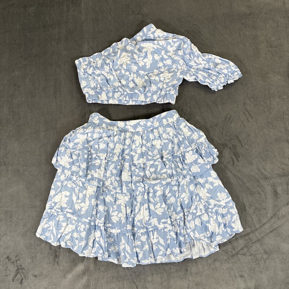 Two Sisters Size 4 One Shoulder Top & Ruffled Skirt Lined Blue & White Floral